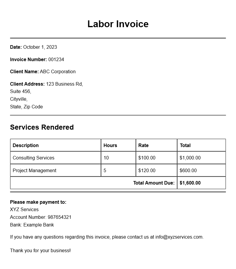 Labor Only Invoice Samples for Your Business Needs