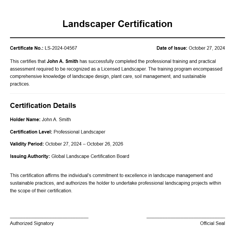 Landscaper Certificate Samples for Professional Certification