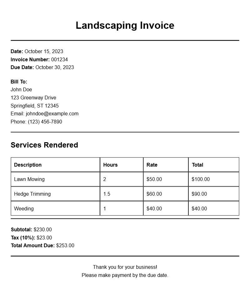 Landscaper Invoice Samples for Professional Services