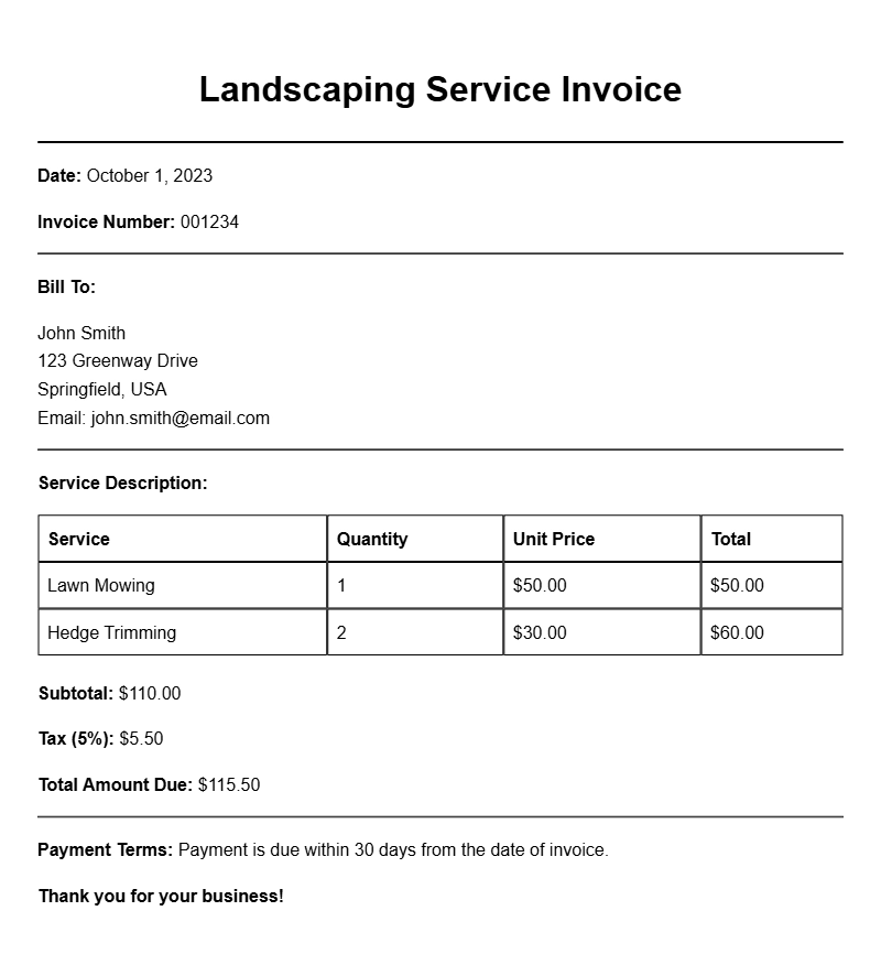 Landscaping Service Invoice Samples for Your Business