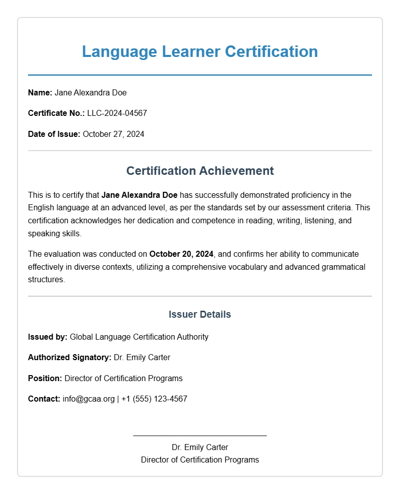 Language Learner Certificate Samples and Examples