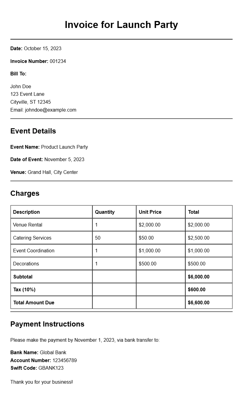 Launch Party Invoice Samples for Your Event Planning Needs