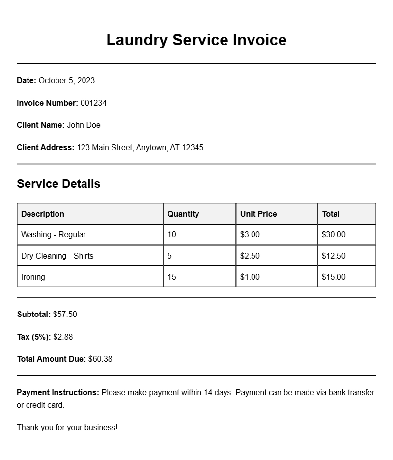Laundry Service Invoice Samples for Your Business Needs