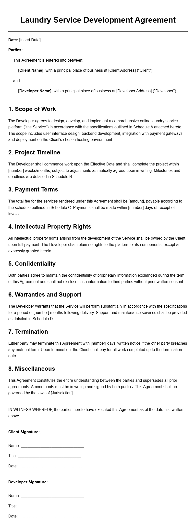 Laundry Service Website Development Agreement Templates