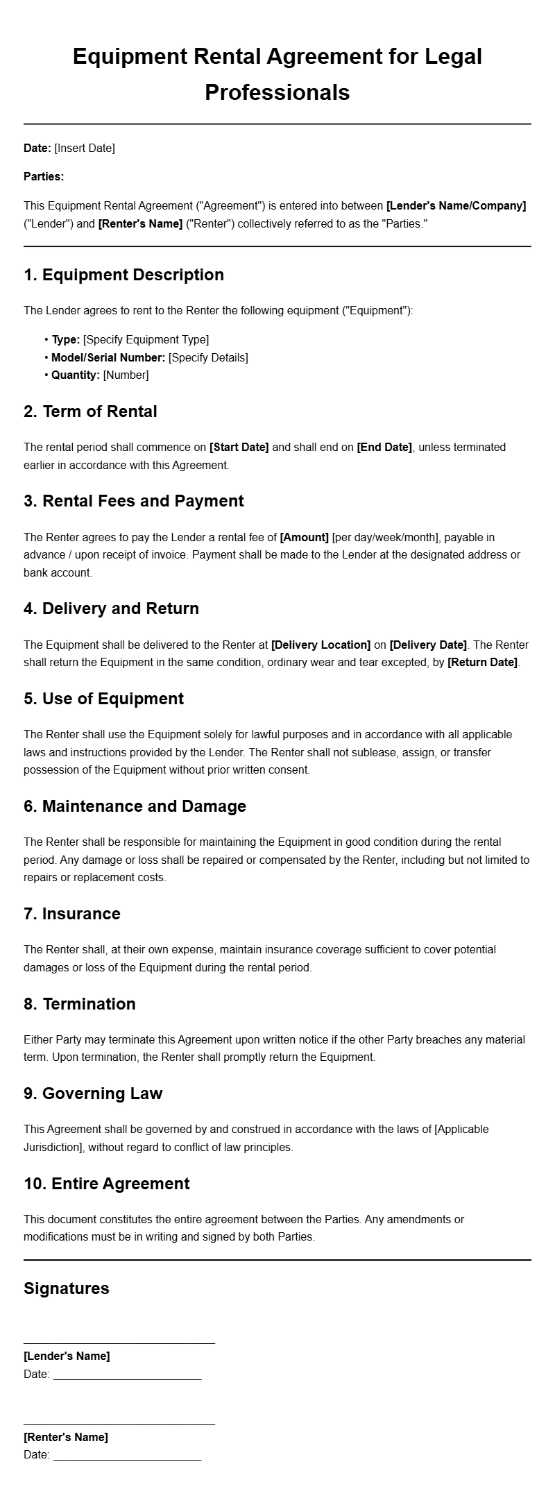 Lawyer Equipment Rental Agreement Templates for Professionals