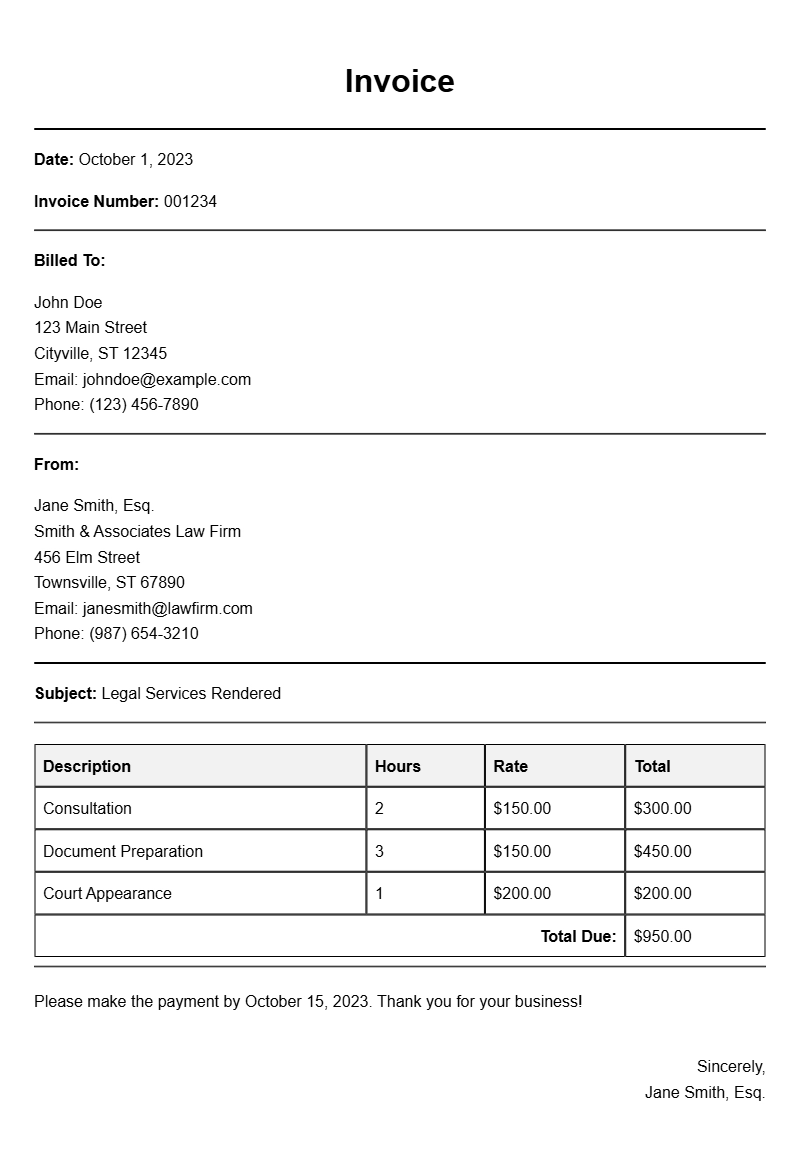 Lawyer Invoice Samples for Accurate Billing Practices