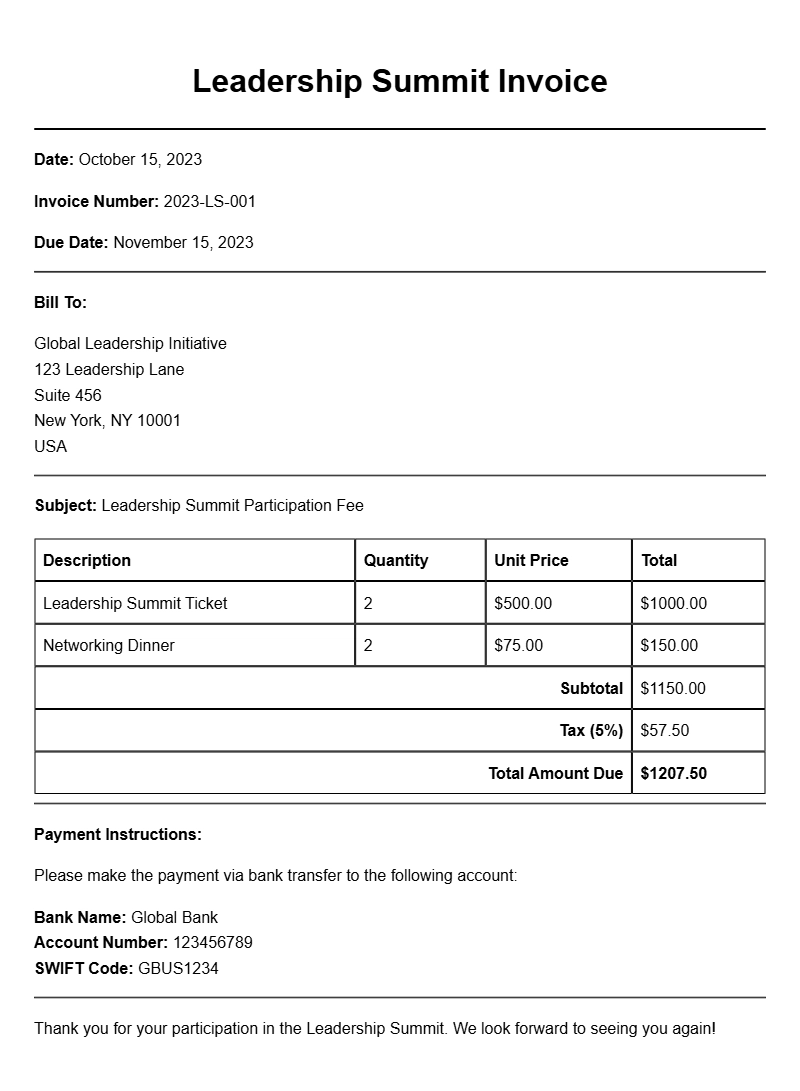 Leadership Summit Invoice Samples for Effective Billing Leadership Summit Invoice Samples for Effective Billing