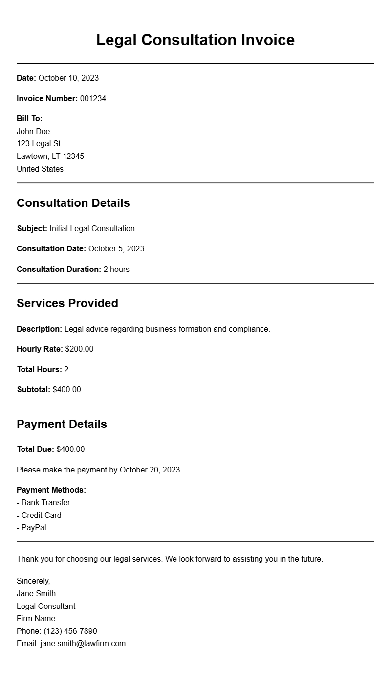 Legal Consultation Invoice Samples for Your Practice