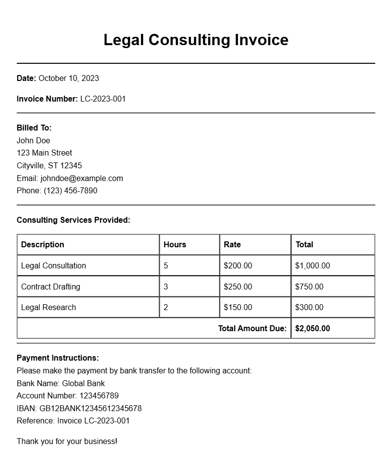 Legal Consulting Invoice Samples for Your Business Needs