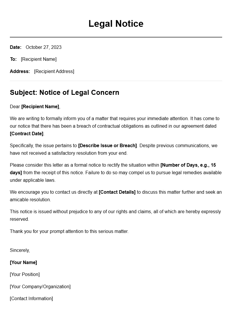 Legal Notice Letter Samples for Various Situations