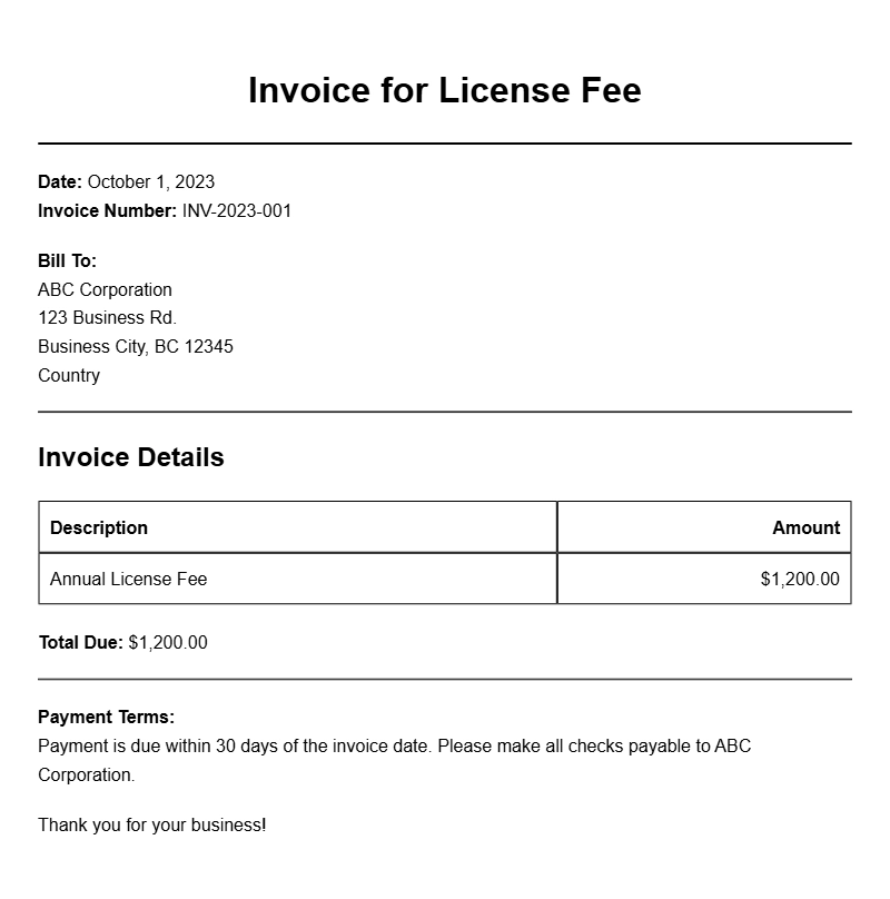 License Fee Invoice Samples for Your Business Needs