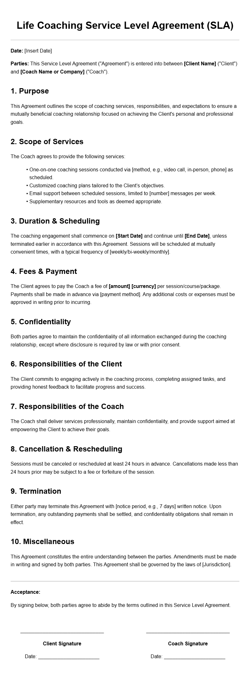 Life Coach Service Level Agreement Templates for Clear Expectations