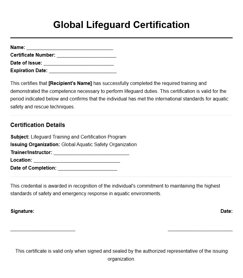 Lifeguard Certificate Templates for Professional Certification