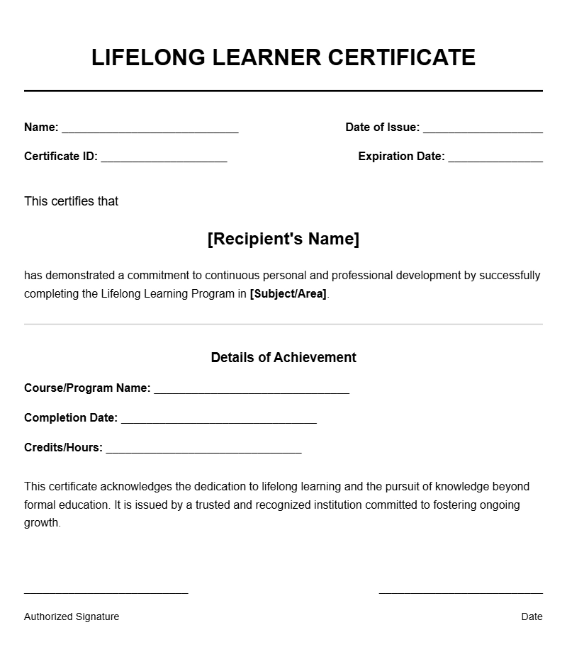 Lifelong Learner Certificate Templates for Recognition