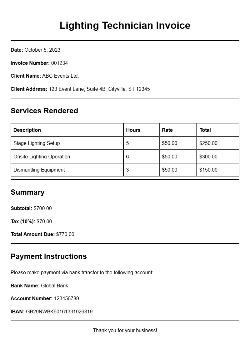 Lighting Technician Invoice Samples for Your Business