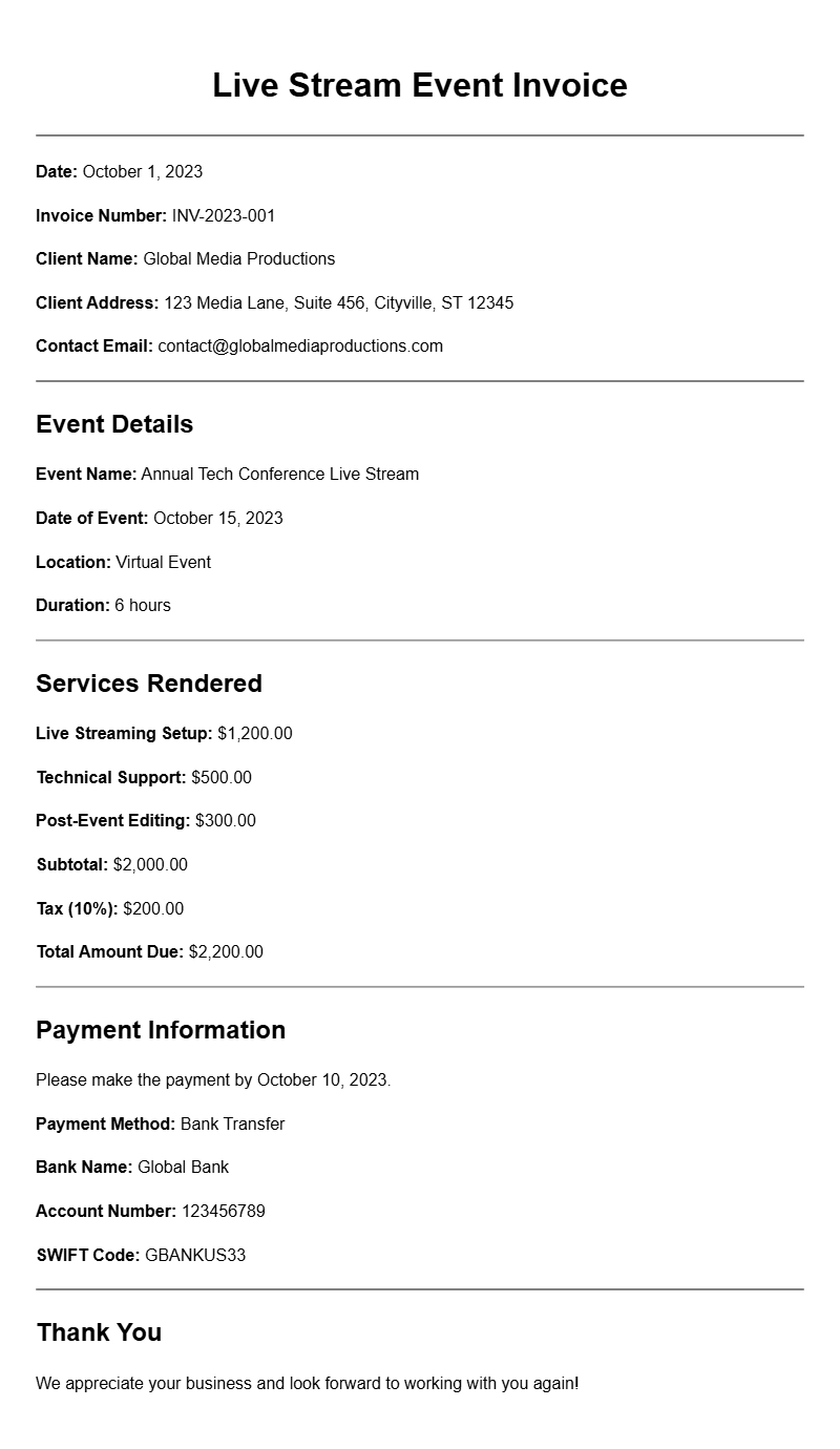 Live Stream Event Invoice Samples for Your Business Needs