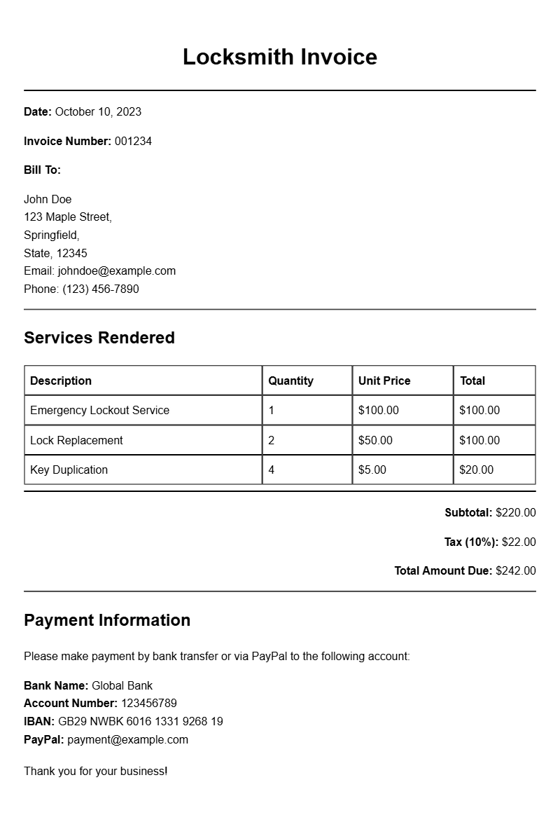 Locksmith Invoice Samples for Professional Services