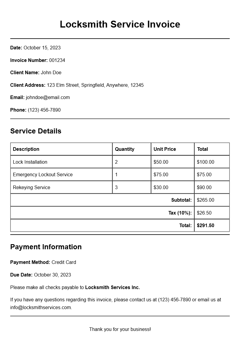 Locksmith Service Invoice Samples for Your Business Needs