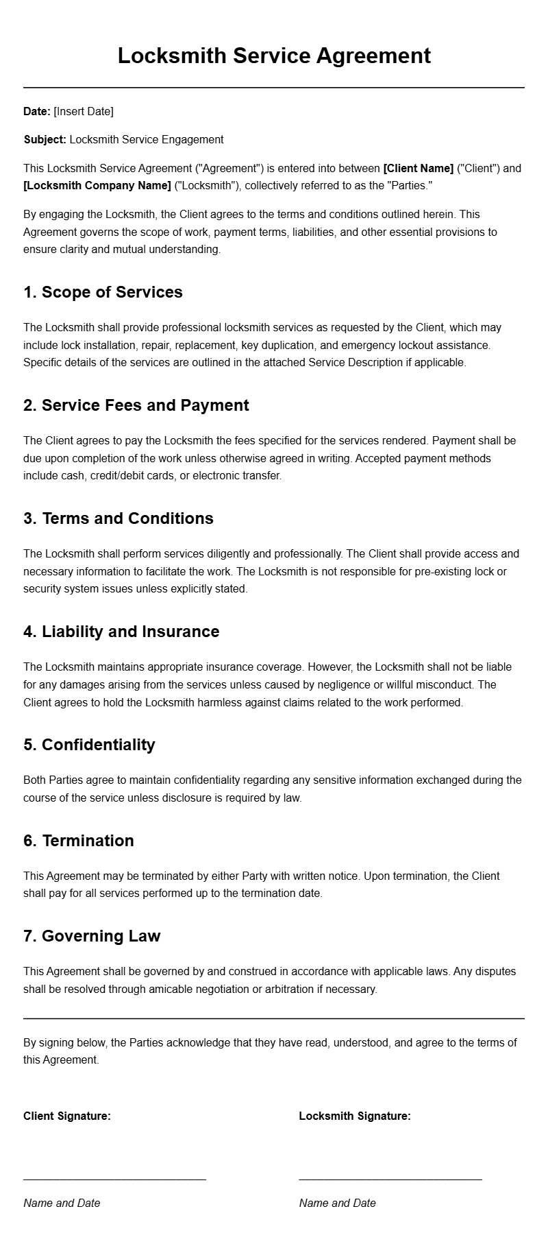 Locksmith Social Media Agreement Templates for Businesses