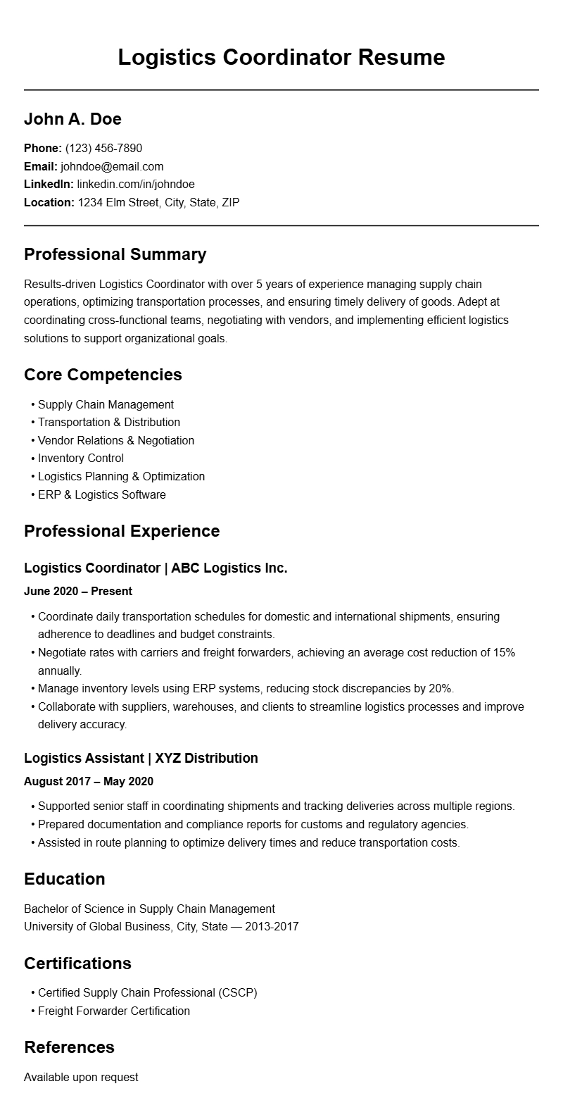 Logistics Coordinator Resume Samples to Showcase Your Skills
