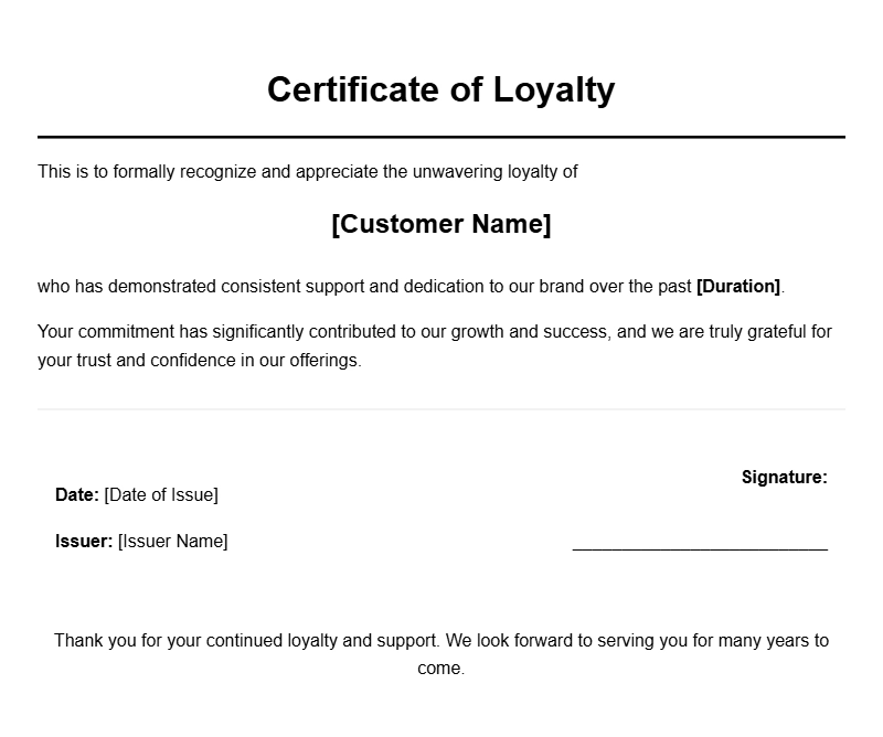 Loyal Customer Certificate Samples for Recognizing Loyalty