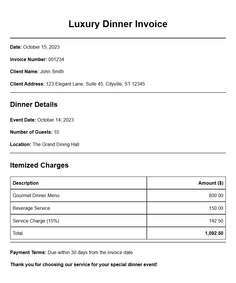 Luxury Dinner Invoice Templates for Elegant Events