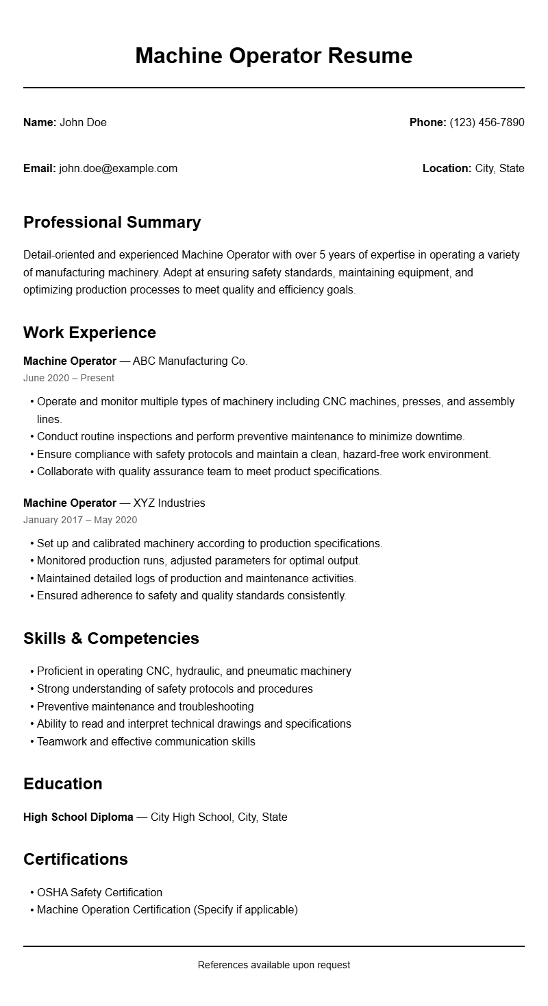 Professional Machine Operator Resume Templates for Success