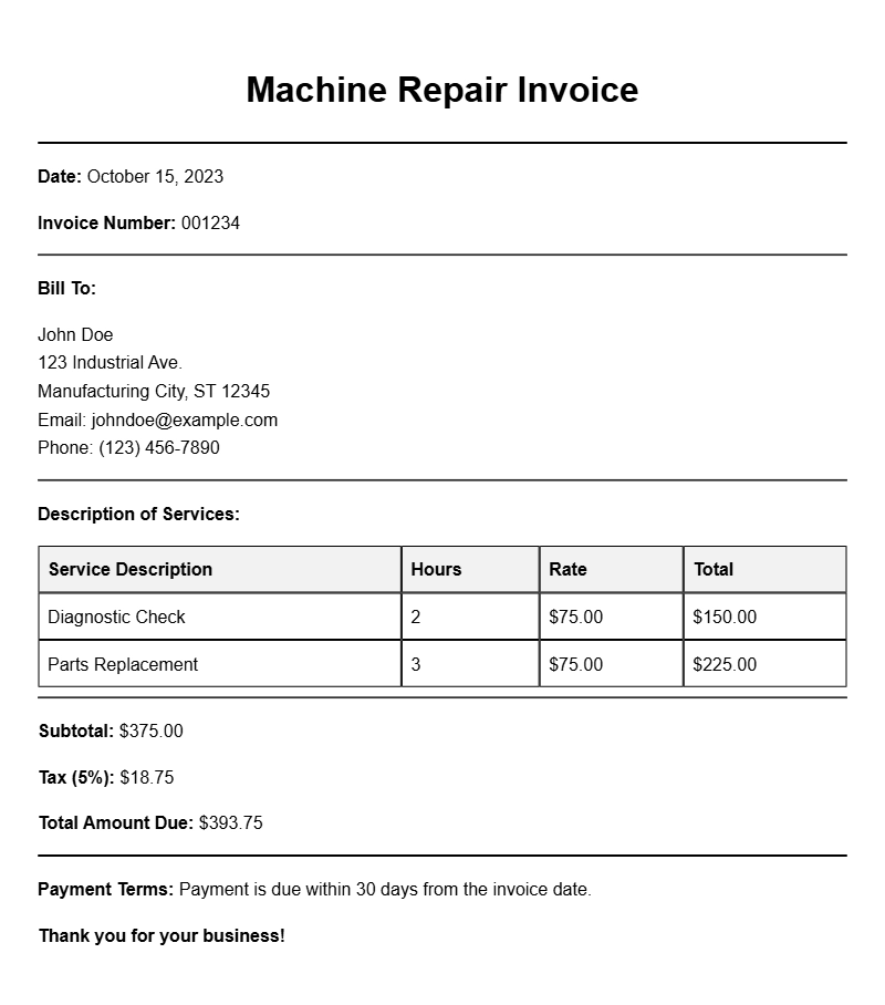 Sample Machine Repair Invoices for Your Business Needs