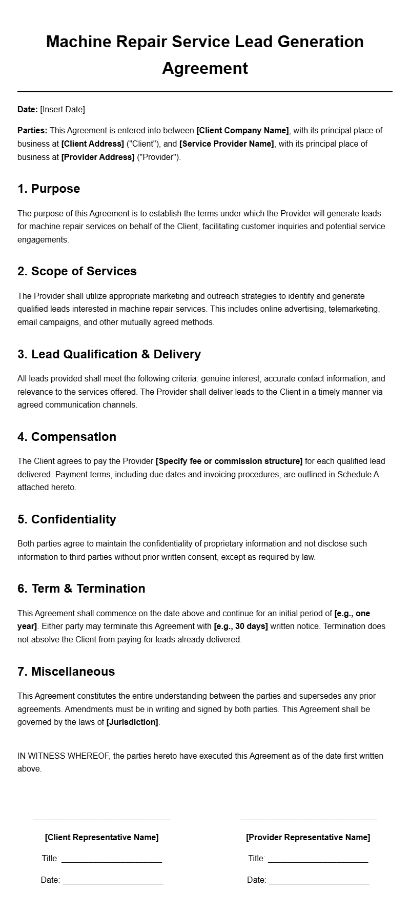 Effective Machine Repair Service Lead Generation Agreement Templates