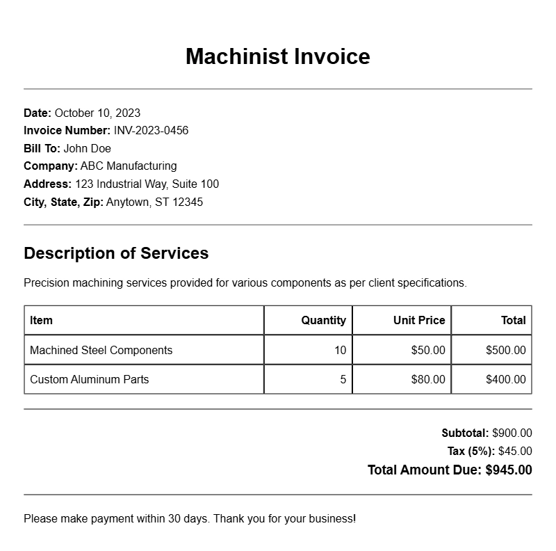 Machinist Invoice Samples for Efficient Billing Practices