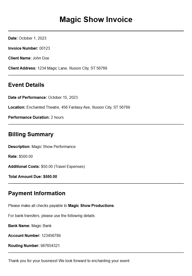 Magic Show Invoice Templates for Professional Performers