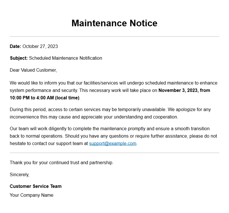 Sample Maintenance Notice Letters for Professional Communication