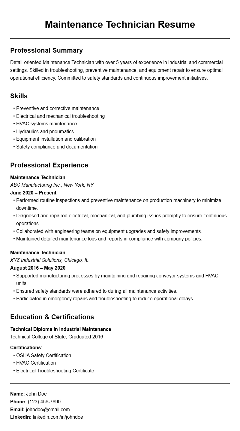 Effective Maintenance Technician Resume Samples to Stand Out