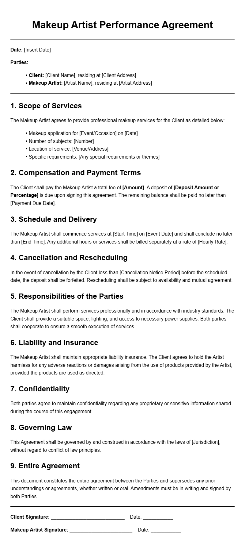 Makeup Artist Performance Agreement Templates for Professionals