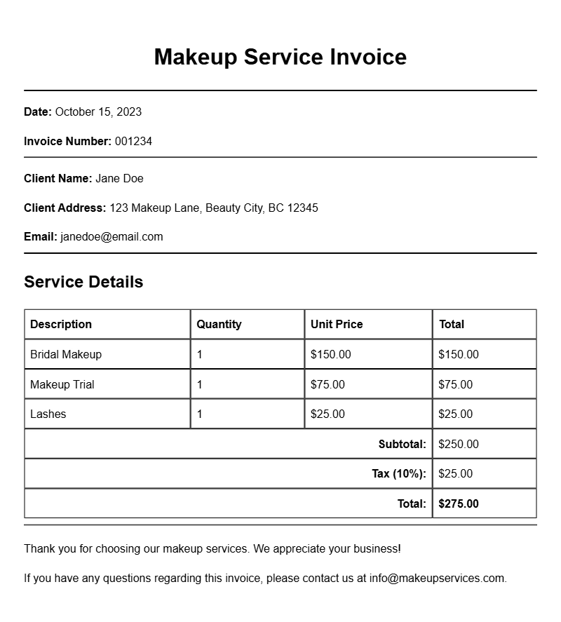 Makeup Service Invoice Samples for Your Business Needs