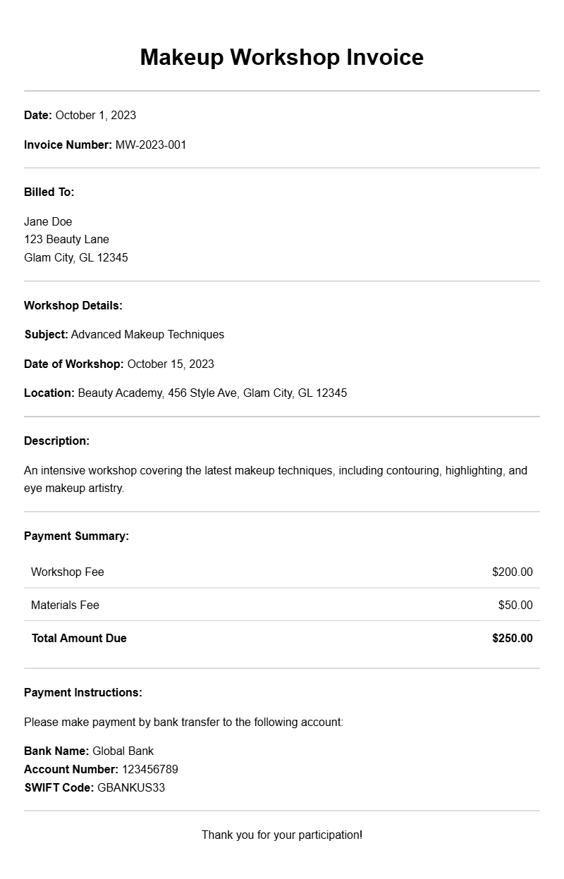 Makeup Workshop Invoice Templates for Easy Billing
