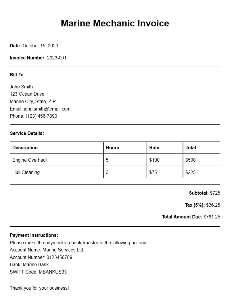 Marine Mechanic Invoice Samples for Your Business Needs