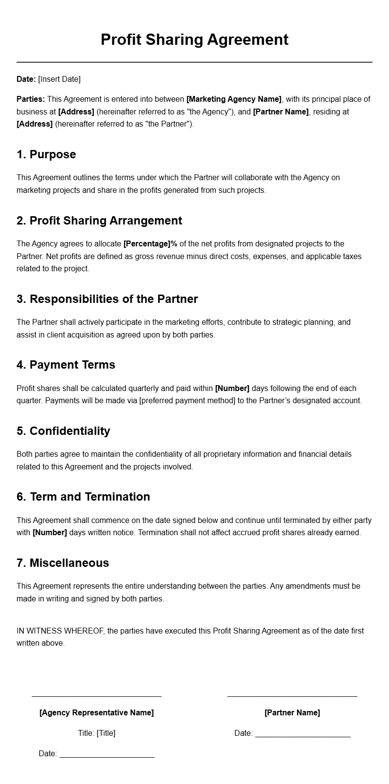Marketing Agency Profit Sharing Agreement Templates