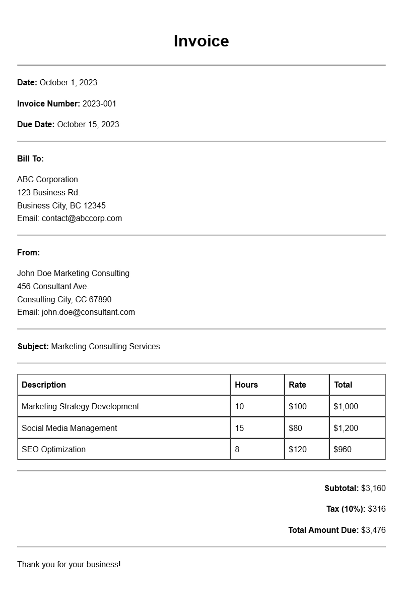 Marketing Consultant Invoice Samples for Your Business