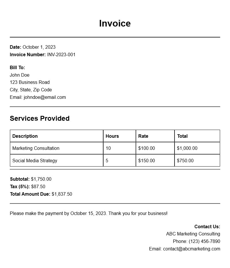 Marketing Consulting Invoice Templates for Your Business Needs