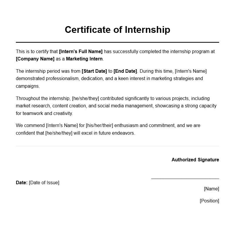 Professional Marketing Intern Certificate Templates for Recognition