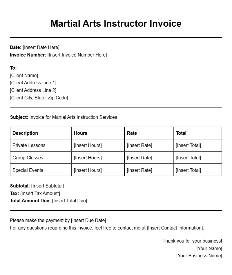 Martial Arts Instructor Invoice Templates for Easy Billing