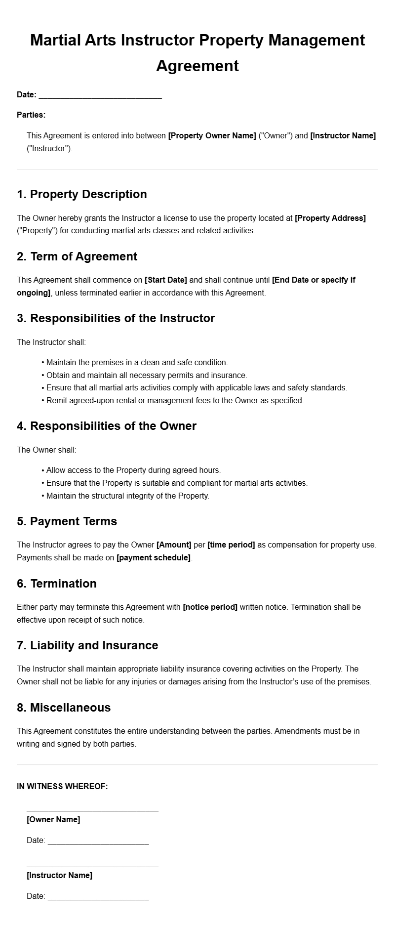 Martial Arts Instructor Property Management Agreement Template