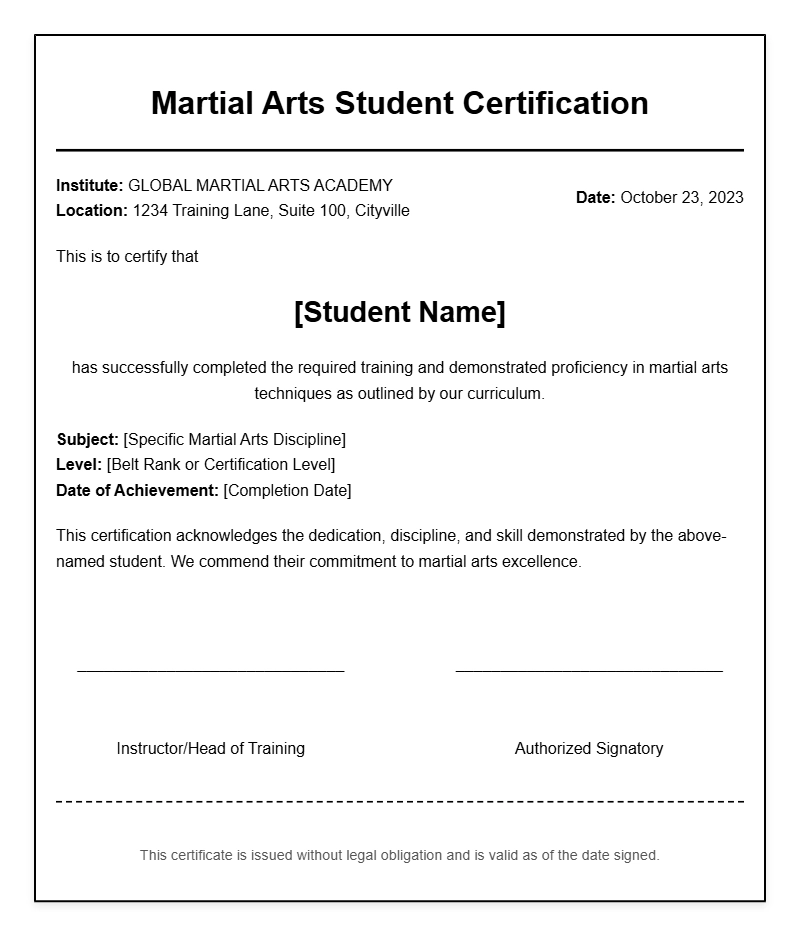 Martial Arts Student Certificate Templates for All Levels