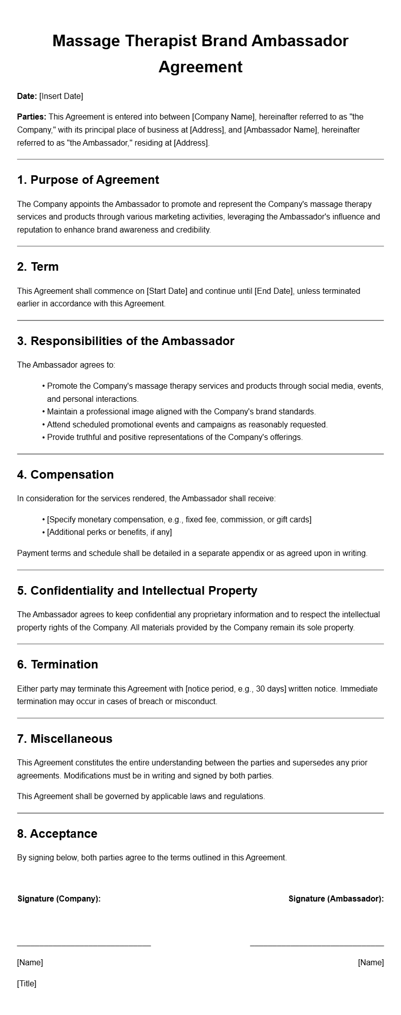 Massage Therapist Brand Ambassador Agreement Templates