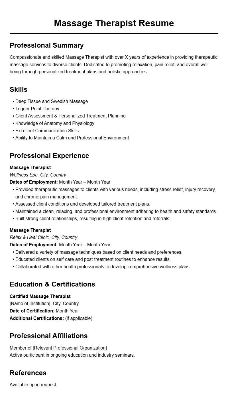 Professional Massage Therapist Resume Templates for Success