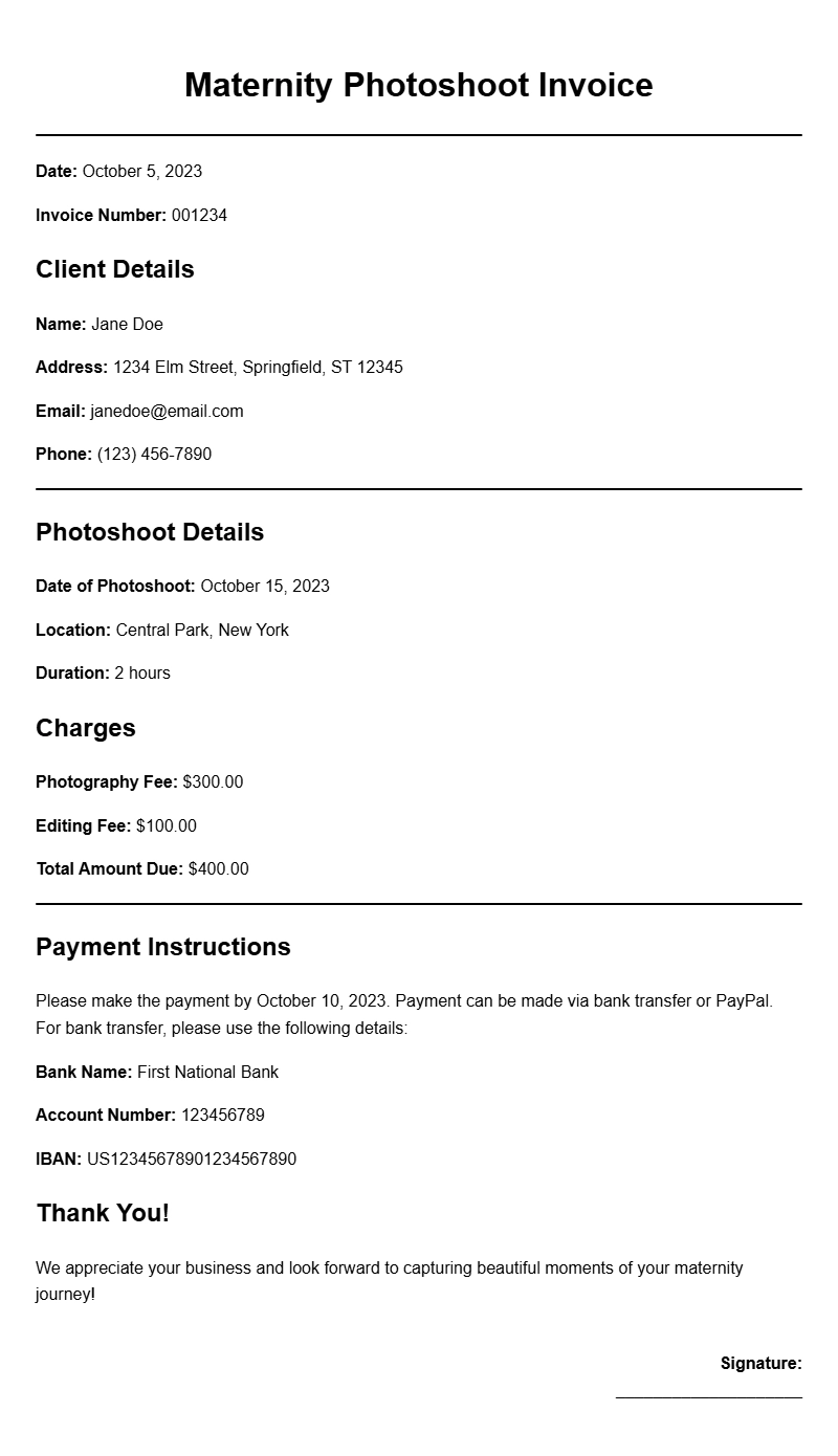 Maternity Photoshoot Invoice Samples for Creative Professionals