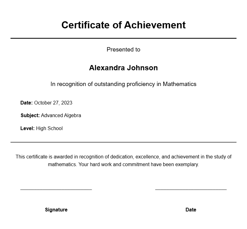 Math Student Certificate Samples for Recognition and Achievement