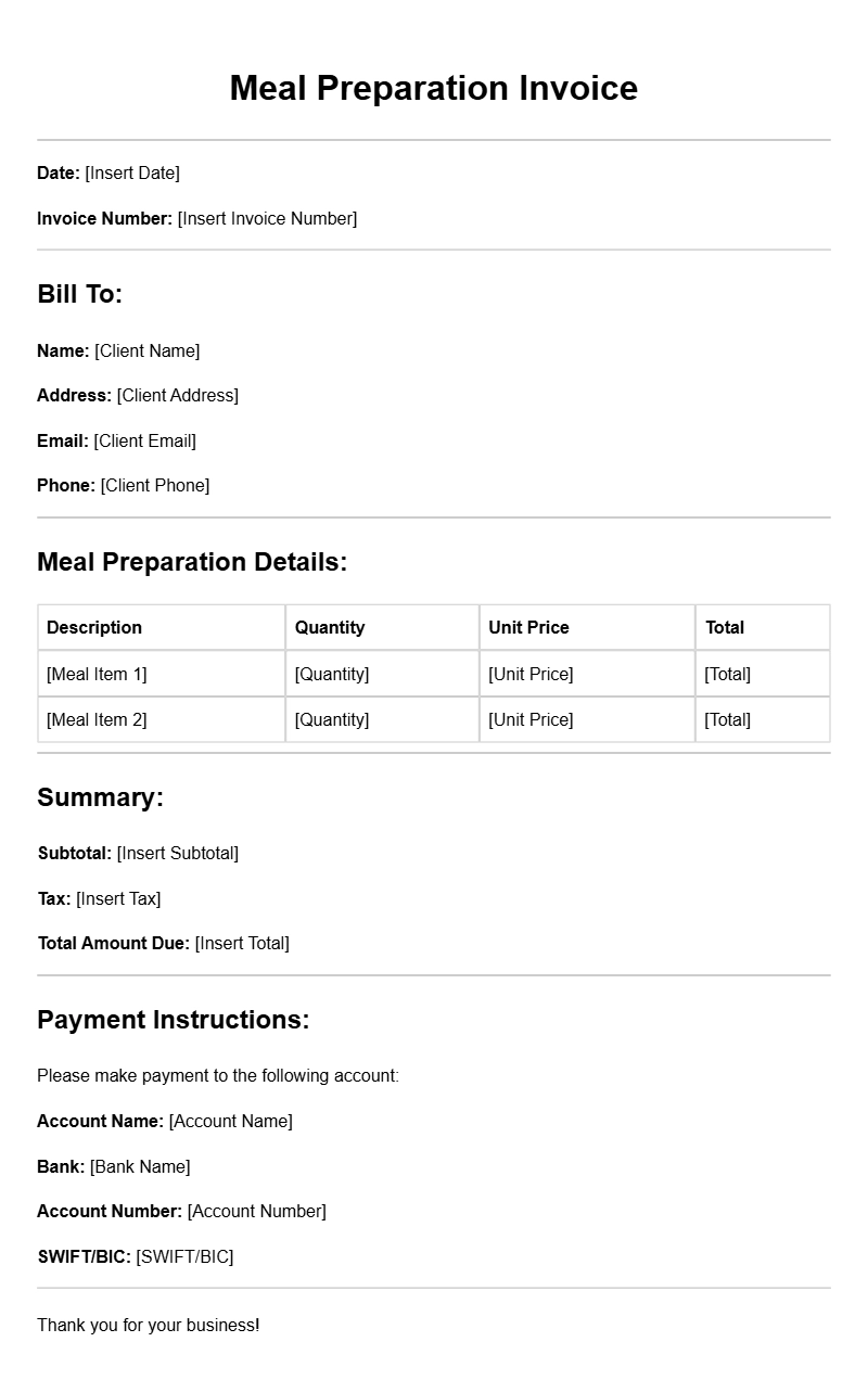 Meal Preparation Invoice Templates for Easy Billing