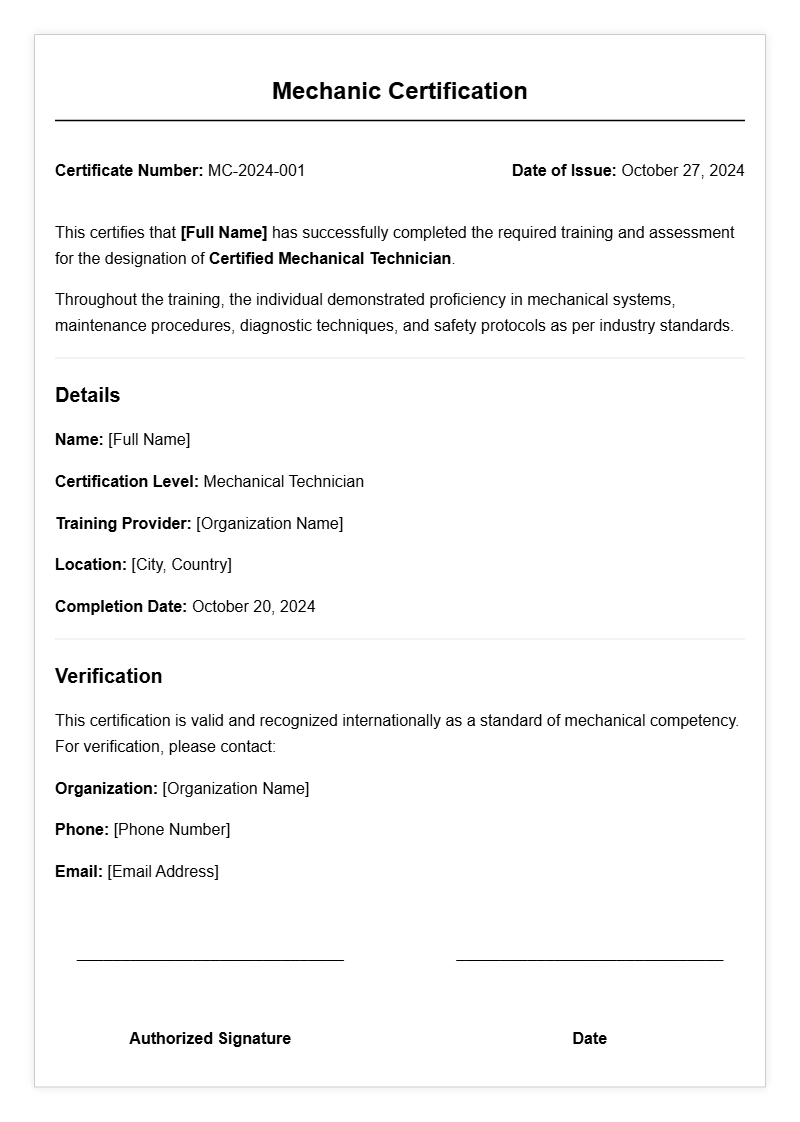 Elegant Mechanic Certificate Templates for Professional Recognition